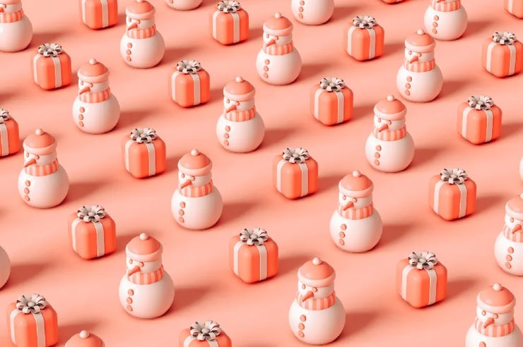 Row of snowmen on pink background, each with unique features, some wearing hats and scarves.