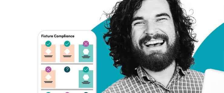 bearded guy grinning next to Optimum Retailing fixture compliance graphic