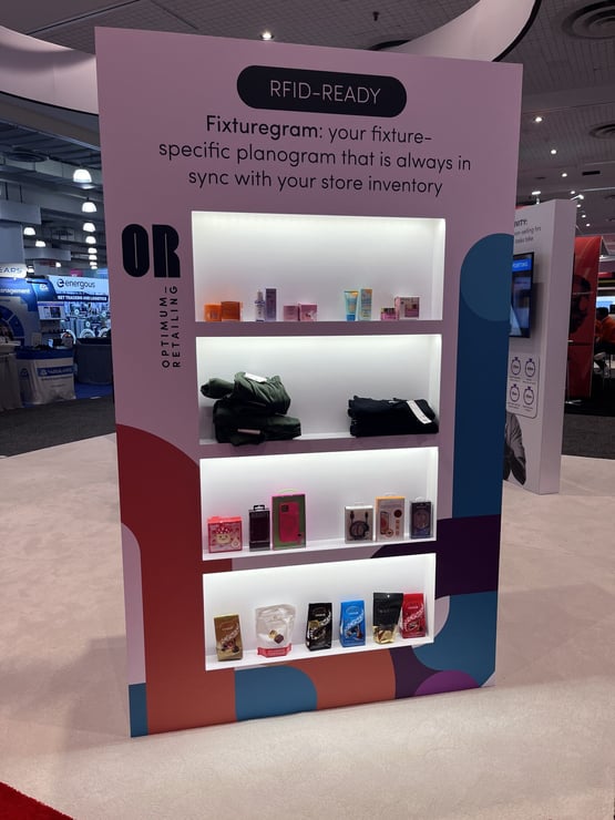 An RFID-Ready display showcases Optimum Retailing's Smart RFID Integration with Planograms